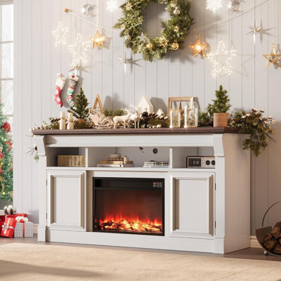 Meuble télé de style ferme de 147 cm avec foyer électrique, compatible avec les téléviseurs jusqu'à 165 cm, console multimédia 3D effet flamme de 76 cm avec télécommande, placards de rangement ajustables pour le salon