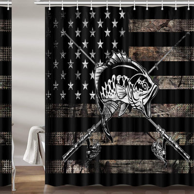 Rustic Camo Fishing Shower Curtain Set - Black & White Lake Design, Perfect for Men’s Bathroom & Western Restroom Decor