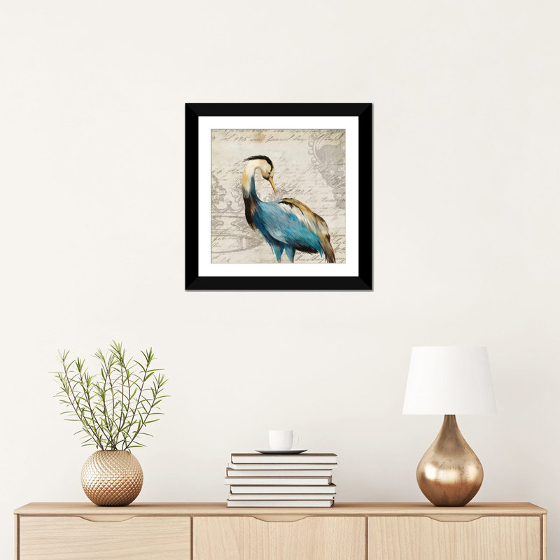 «Heron I», impression sur toile, H 16 po x l 16 po x P 1 po, Papier d'art encadré noir, Blanc