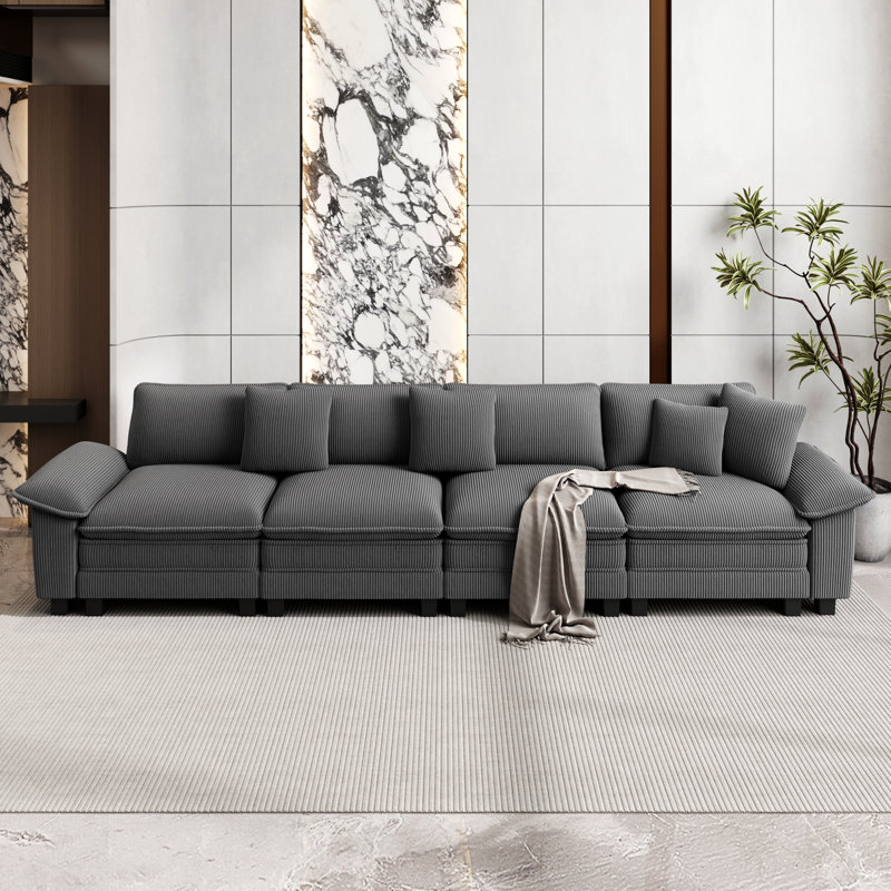 Chenille Sofa & Chaise, 4, Light Grey Corduroy