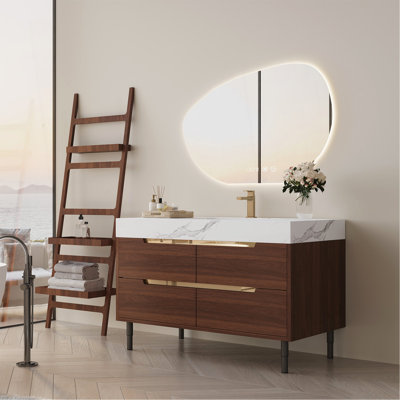 Meuble-lavabo autoportant en pierre frittée de 35,4 po avec lavabo encastré, bois massif multi-couches imperméable, rangement à 4 tiroirs, fixation murale