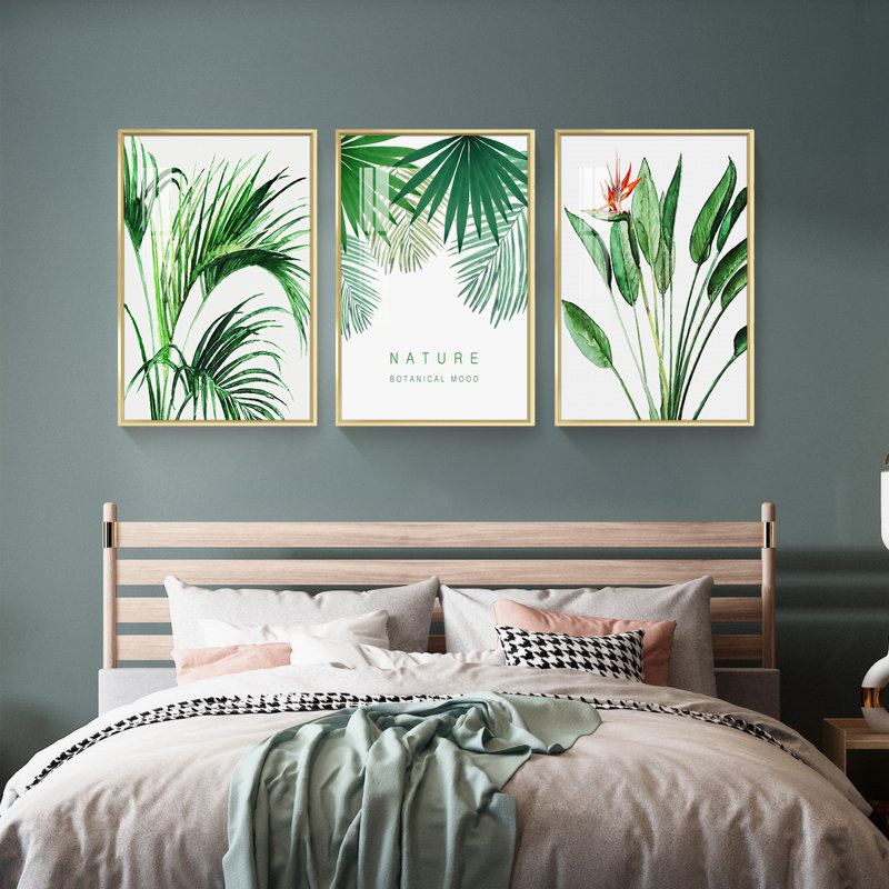 "Plants Aluminium", ensemble de 3 reproductions d'art encadrées sur toile_QS38-8, Or, H 16,3 po x l 36,3 po x P 1,65 po