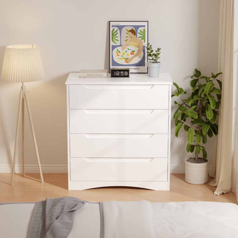 Commode moderne à 4 tiroirs avec poignées encastrées pour chambre à coucher, salon, 4, Blanc