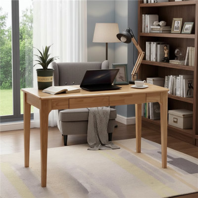 Bureau en bois massif de 47 po avec tiroirs de rangement, bureau compact à domicile pour les petits espaces, bureau multifonctionnel pour PC de jeux et d'étudiants pour la chambre à coucher, finition en bois naturel