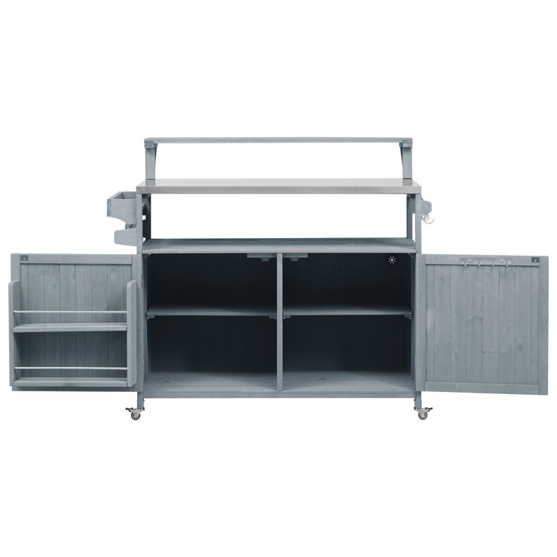 Îlot de cuisine extérieur avec plateau en acier inoxydable, armoire de rangement en bois massif, chariot à roulettes avec tablettes réglables et support à épices, bleu gris