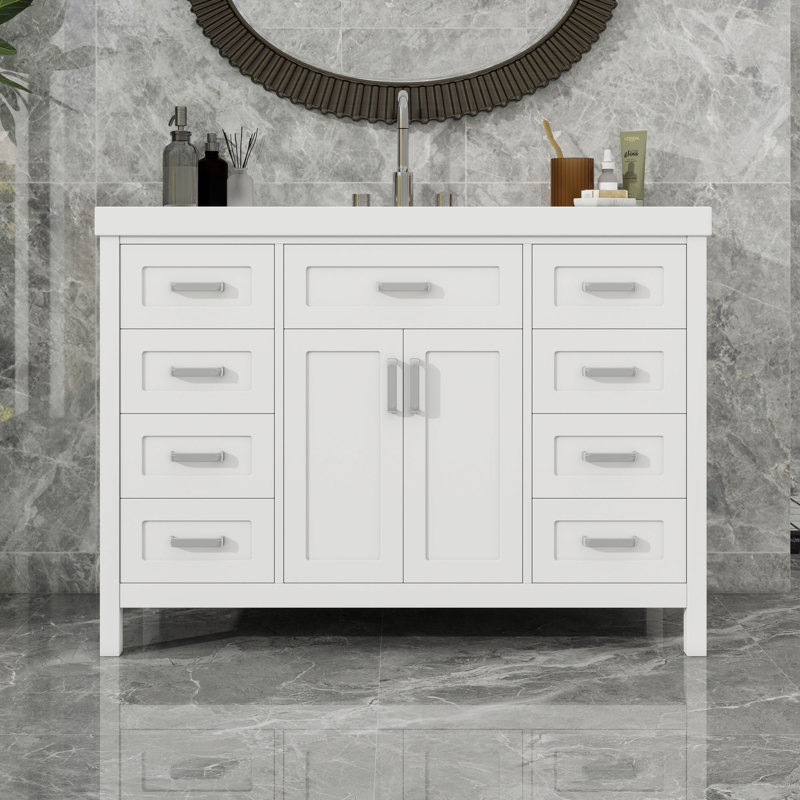 Meuble-lavabo en bois avec lavabo et tiroirs de rangement, Blanc