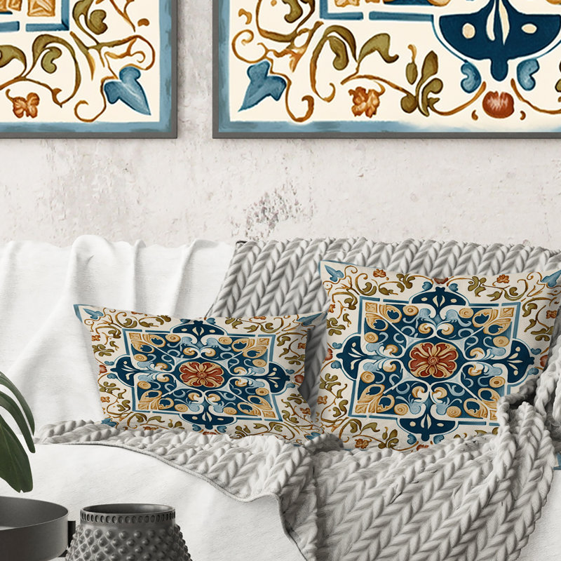 Mediterranean Tiles In Retro Blue VIII - Abstract Tile Printed Throw Pillow