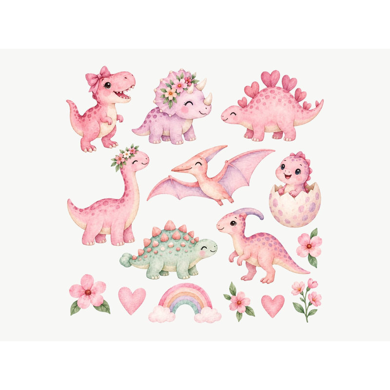 Pink Dinosaur Wall Decals, Set of 15 Peel and Stick Nursery Wall Stickers, Satin Finish Removable Kids Room Wall Art, 20"W x 20"H (50 x 50 cm)