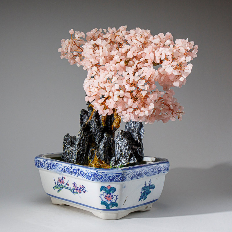 Genuine Rose Quartz Gemstone Bonsai Tree in Squarel Ceramic Pot (13")