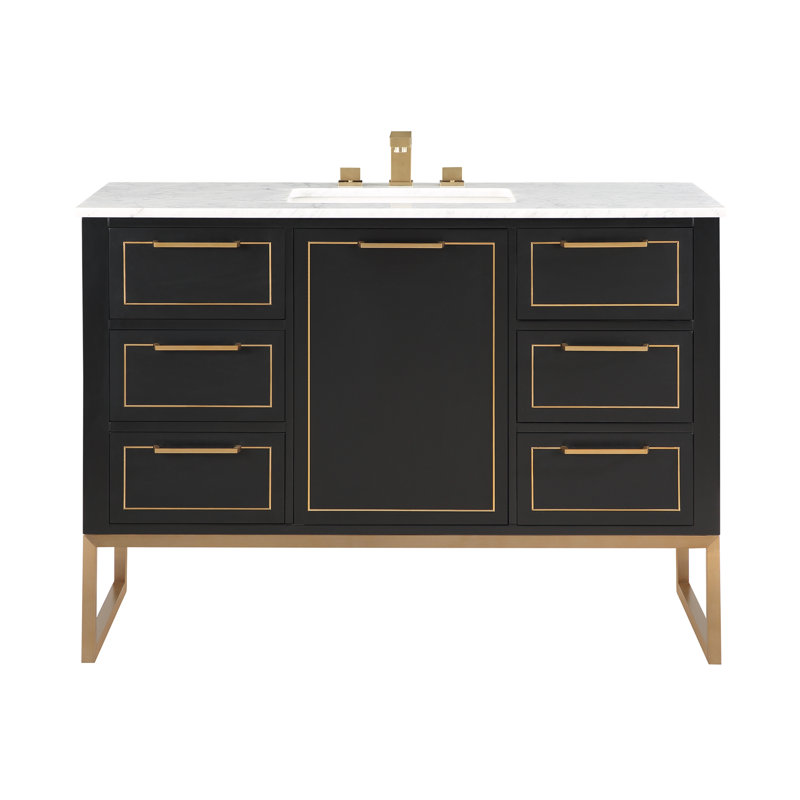 Ensemble de meuble-lavabo simple 48 po Markham, Nuit noire, Marbre de Carrare, Laiton satiné