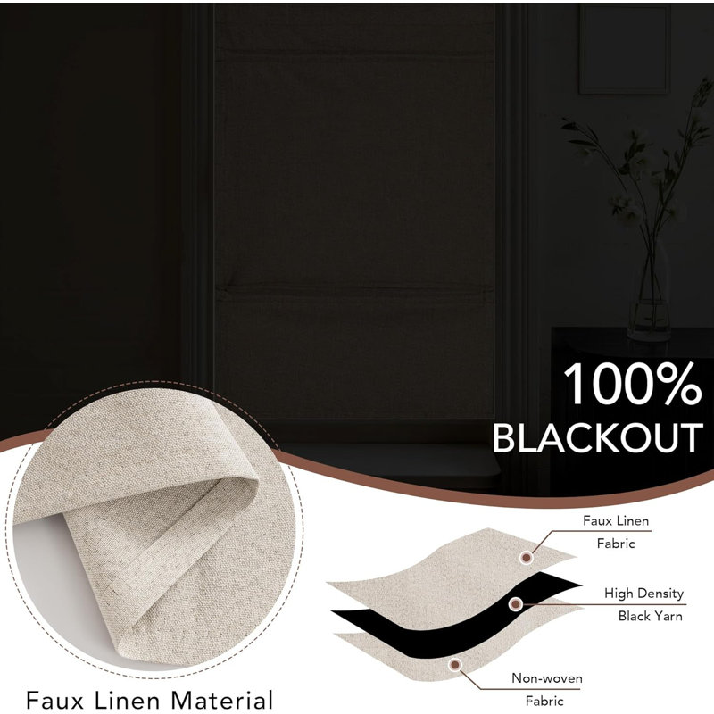  Linen 100% Blackout Roman Shade for Doors, No Drill Cordless Thermal Insulated French Door Curtain, Adhesive Top & Magnetic Lift Privacy Door Window Curtain, 1 Panel
