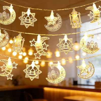 Lune étoile guirlande lumineuse 10 pi 20 lumières DEL fées Ramadan avec piles et alimenté par USB 2 modes d'éclairage Eid Mubarak imperméable pour les décorations du Ramadan Fête de Noël