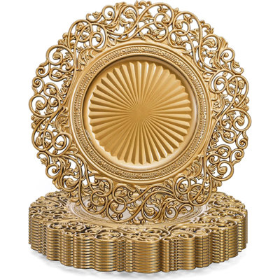 Gold Charger Plates Set of 12, 13 Inch Round Plastic Dinner Chargers, Hollow Floral Decorative Plates for Wedding Party Table Setting