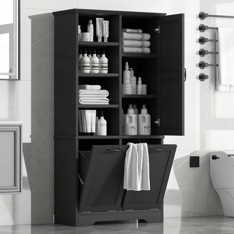 Armoire de rangement pour salle de bain avec portes et tiroirs, Noir, noir, noir, noir