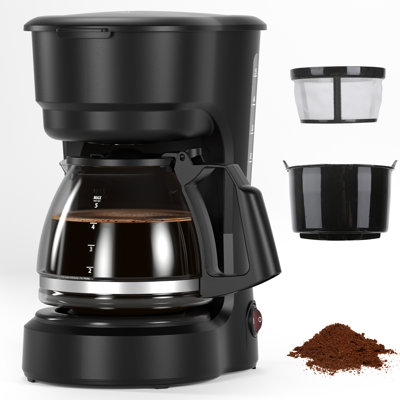 Cafetière compacte de 5 tasses - minuterie programmable de 24 heures, fonction de maintien au chaud, réservoir d'eau de 25 oz, protection contre la surchauffe et arrêt automatique. Idéal pour la maison, le bureau ou les aventures en plein air (noir)