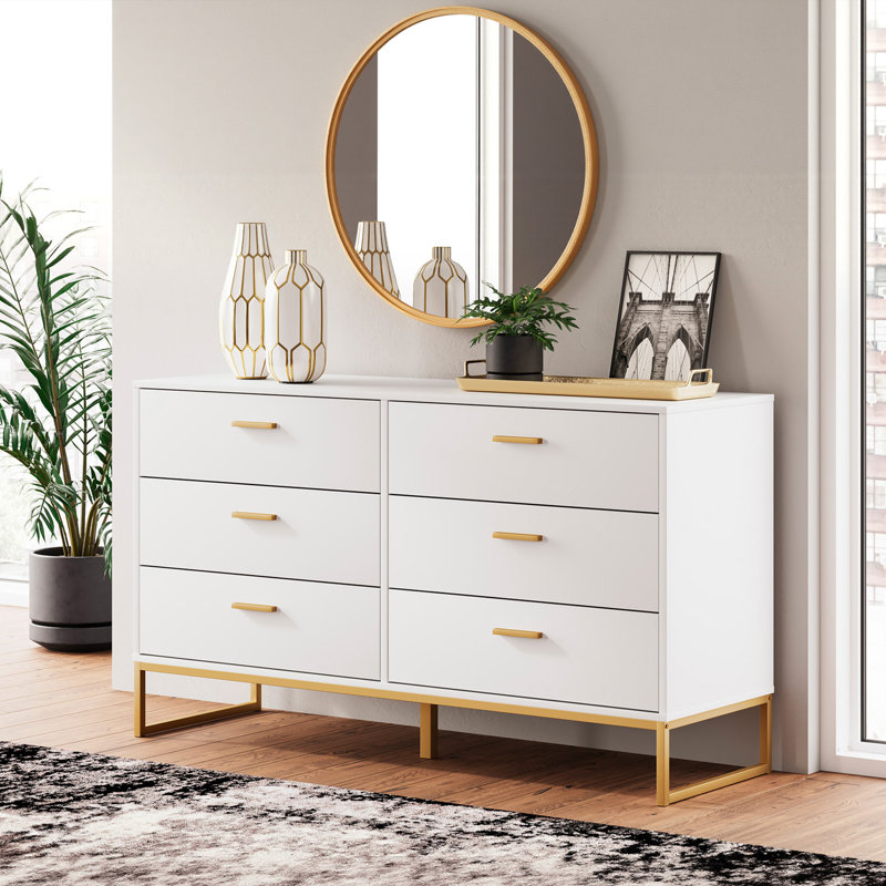 Bosnjak 59.02'' W 6 - Drawer Dresser, White/Gold