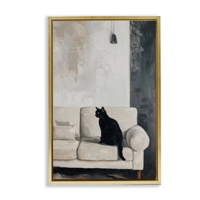 Chat noir sur canapé, art mural sur toile flottante, design par LSR Creative Studio