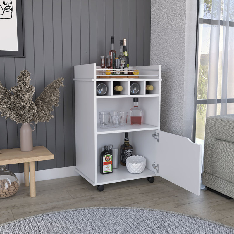 Phoenix Bar Cart With 2 Open Shelves  4 Cubbies And Cabinet, White