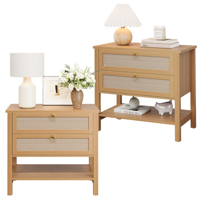 Ensemble de 2 tables de chevet en rotin, tables de chevet modernes de style Mid-Century avec tiroir et tablette de rangement, conception compacte étroite pour la chambre à coucher, le salon, finition en bois de cerisier