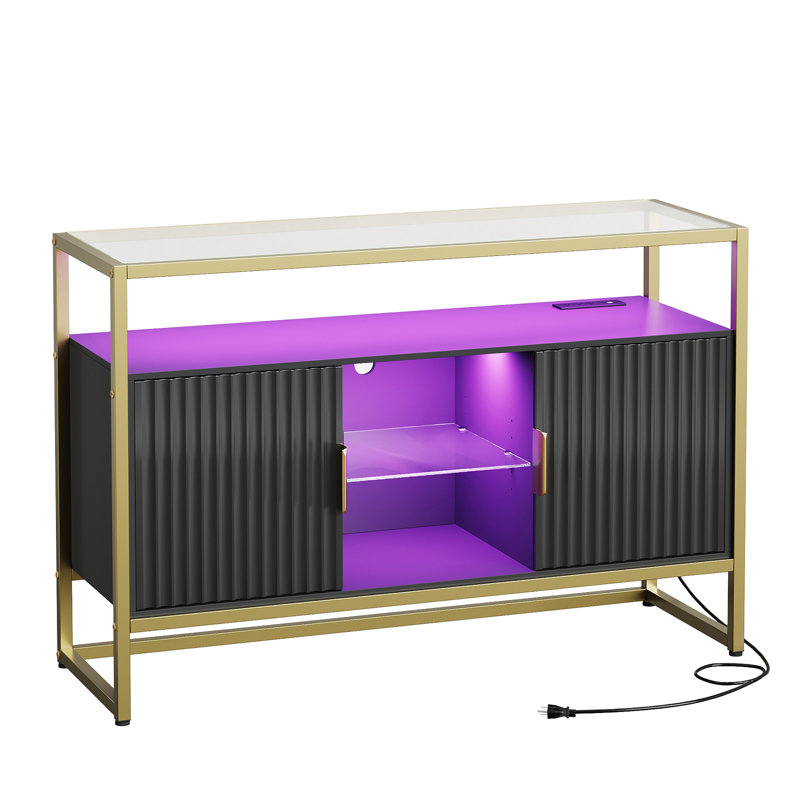 Martee 45.67''W LED Console Table with Storage, Modern Fluted Glossy Cabinet Credenza, Adjustable Shelves, Entryway Table for Living Room