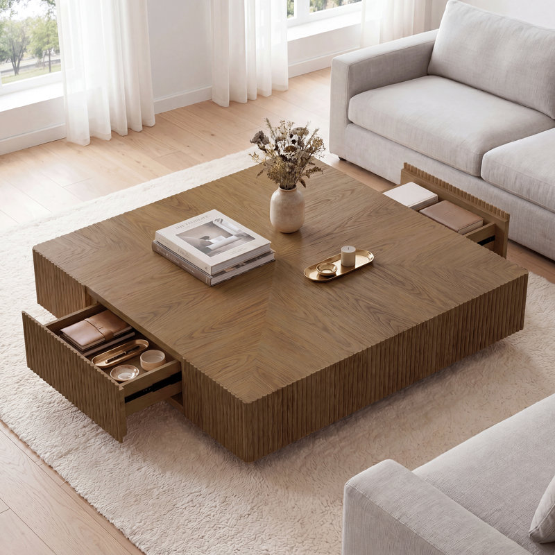 Table basse carrée en bois massif de 100 cm (39,4 pouces) avec 2 tiroirs, finition cannelée artisanale., Brun