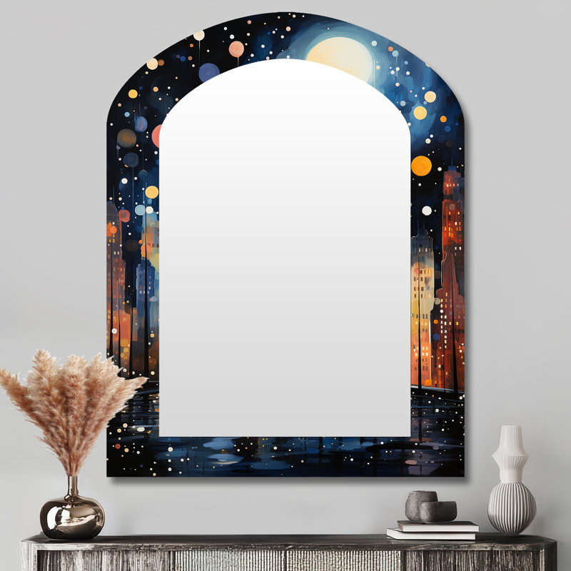 Popart urban cityscape IV - City Art Deco Asymmetrical Unique Wall Mirror, Industrial Arch Mirror, Printed Metal Art