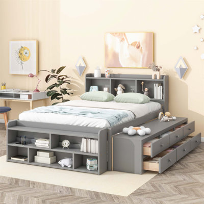 Full Bed With Bookcase Headboard, Underbed Storage Drawers, And Bed-End Storage Case For Small Spaces