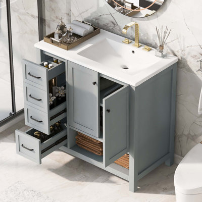 Bathroom Vanity With Sink Top, Bathroom Vanity Cabinet With Two Doors And Two Drawers, Solid Wood, Open Shelf, MDF Boards, One Package