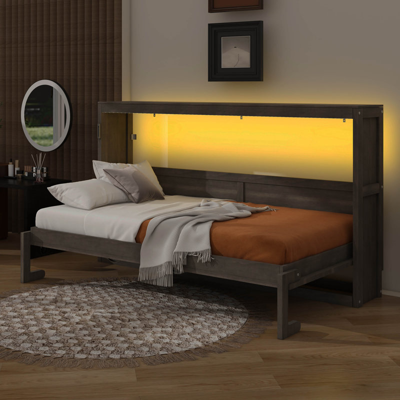 Lit escamotable simple avec lumière DEL intégrée, transformable en armoire, Brun