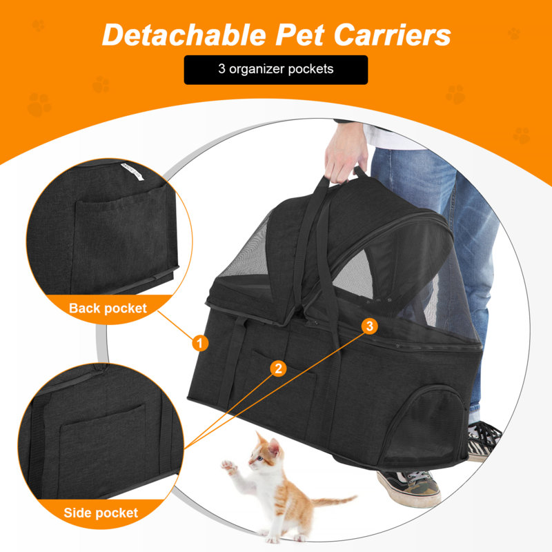 Black Foldable Stainless Steel Pet Stroller with Detachable Carrier