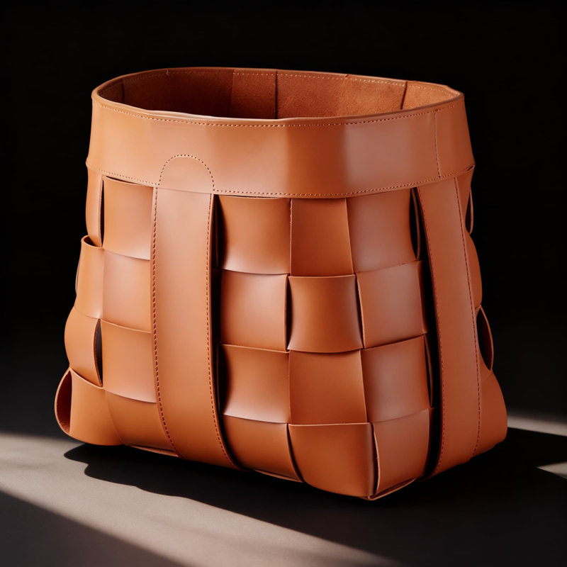 Orange-Brown, Large, Handwoven Leather Storage Basket - Stylish Designer Organizer For Clothes, Toys, Linens & Home Essentials - Versatile Multi-Purpose Use - Fits Various Home Decor Styles