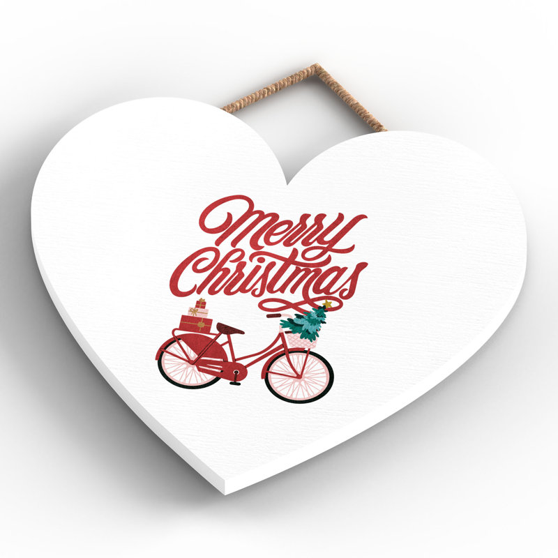 Xmas Merry Christmas Bicycle Wooden Heart Plaque, 16cm H x 17cm W x 0.9cm D