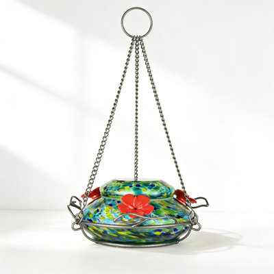 Hand Blown Glass Hummingbird Feeder With LED Light, 16 Oz Capacity, Top Fill Design, Leak-Proof Silicone Gasket, And Perch Rings For Easy Feeding And Cleaning