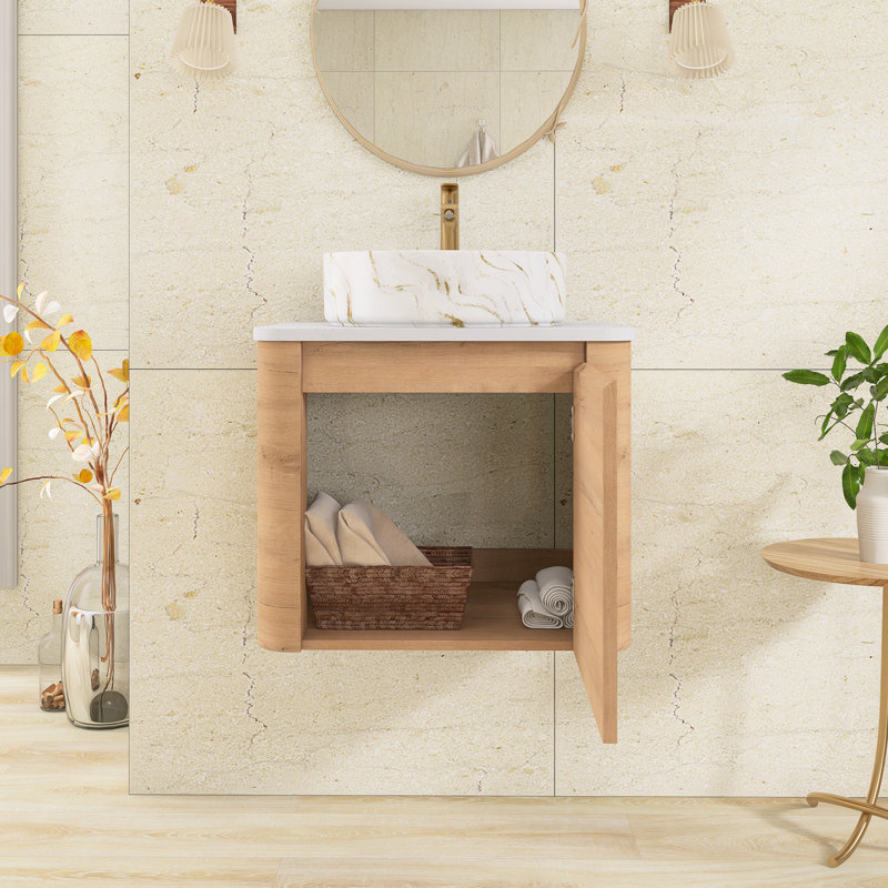 Meuble-lavabo mural simple 23,6 po avec dessus en pierre reconstituée, Imitative Oak