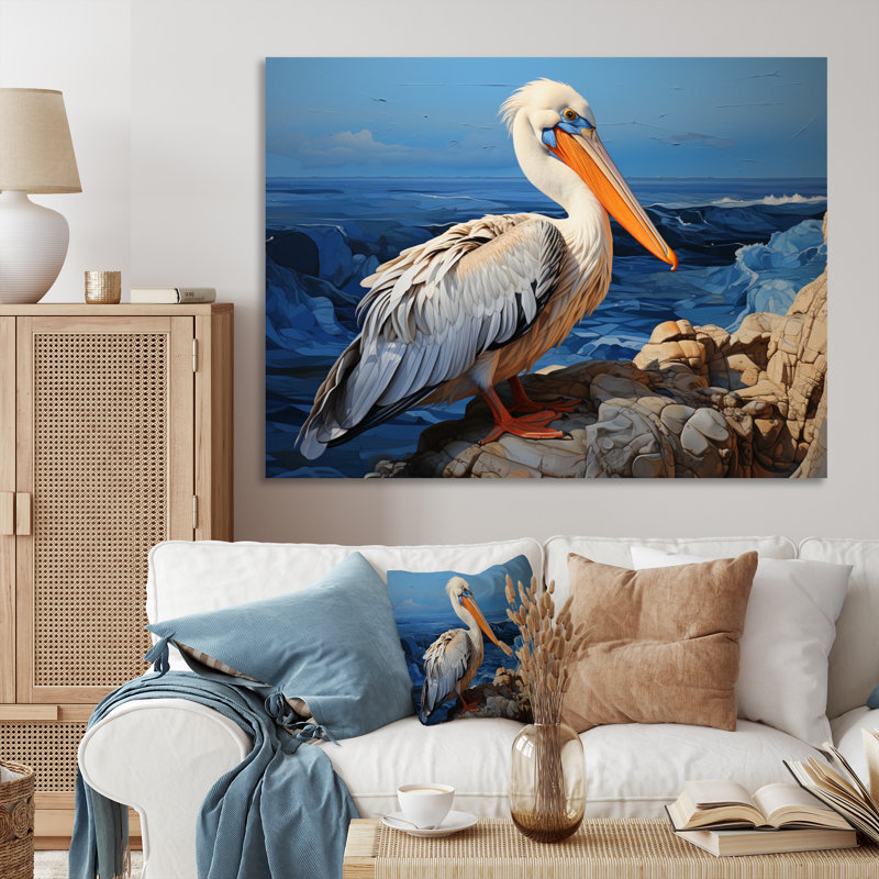 Grey Pelican Pelicans Perch - Animals Wall Decor, H 30 po x l 40 po x P 1,5 po, Toile tendue