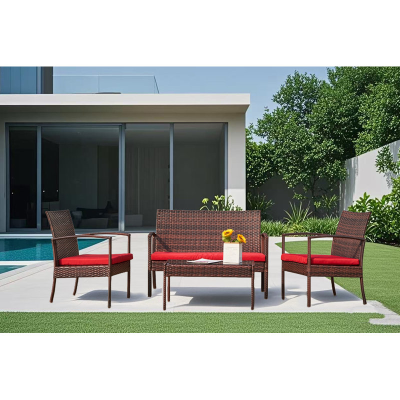 Ensemble de conversation en rotin avec coussins 4 pièces Exmore, Rouge