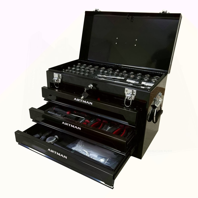Boîte à outils 20 po à 3 tiroirs en acier, 4 couches d'outils avec loquets en métal, avec plateau de rangement supérieur et poignée de transport, rangement d'outils multifonctionnel pour le garage, la maison ou l'établi, noir