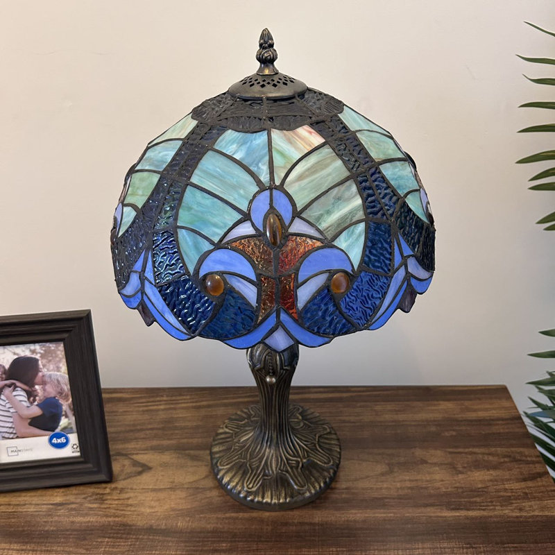 Nioclas Blue and Green Stained Glass Table Lamp with Bronze Base