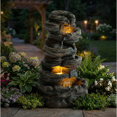 Fontaine à cascade en pierre à 6 niveaux avec 3 lumières DEL, décoration de fontaine à DEL autoportante pour le jardin, le patio, la cour et la terrasse