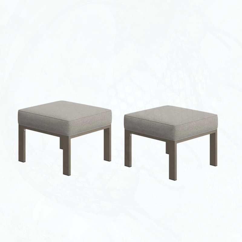 Set of 2 All-Weather Metal Ottomans with Beige Cushions (Khaki Frame), Beige Cushion/Khaki Frame