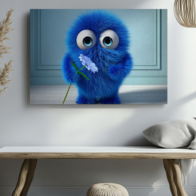 Canvas A Fluffy Vibrant Blue Creature Stands In A Softly Lit Wall Art Room Its Oversized Round Eyes Sparkling With Innocence And Canvas Wall Art