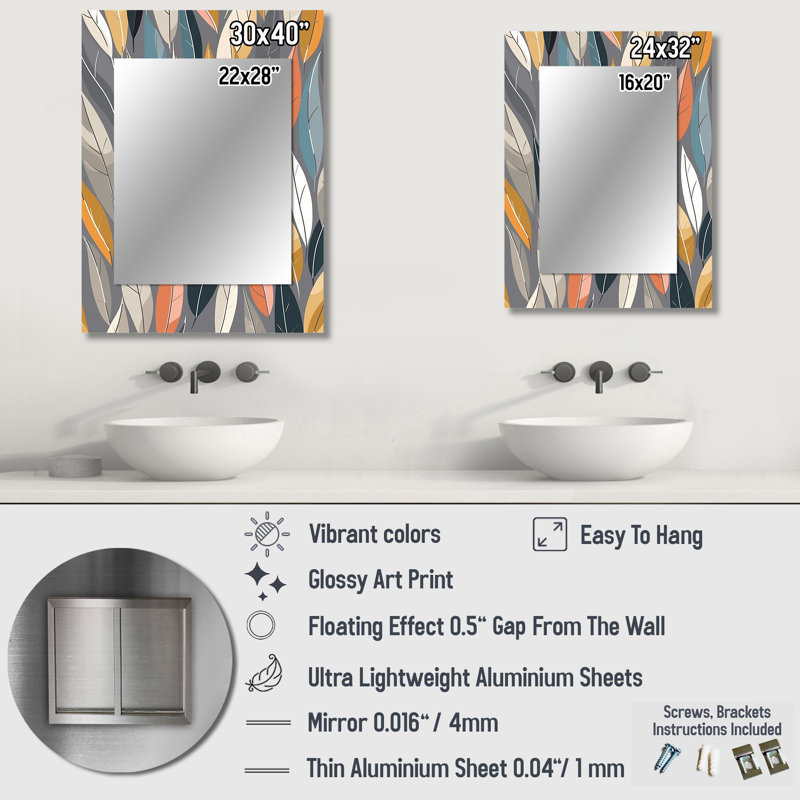 Retro AbstractáLeaves III - Modern Rectangular Wall Mirror, 32 po x 24 po