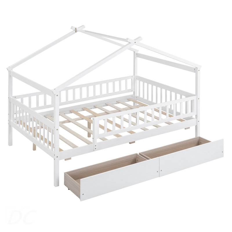 Lit double en bois avec deux tiroirs, Blanc