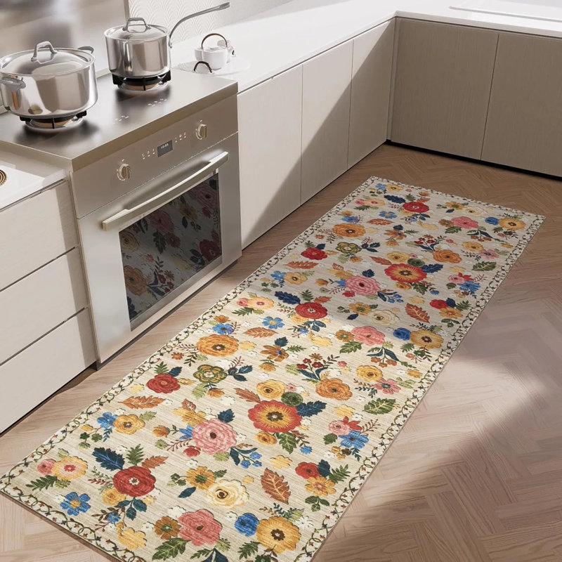 Washable Small Floral Entryway Rug 2'x3', Low Pile Non-slip Door Mat With Stain Resistance, Indoor Throw Rug For Front Door, Bedside, Kitchen, Nursery & Dorm