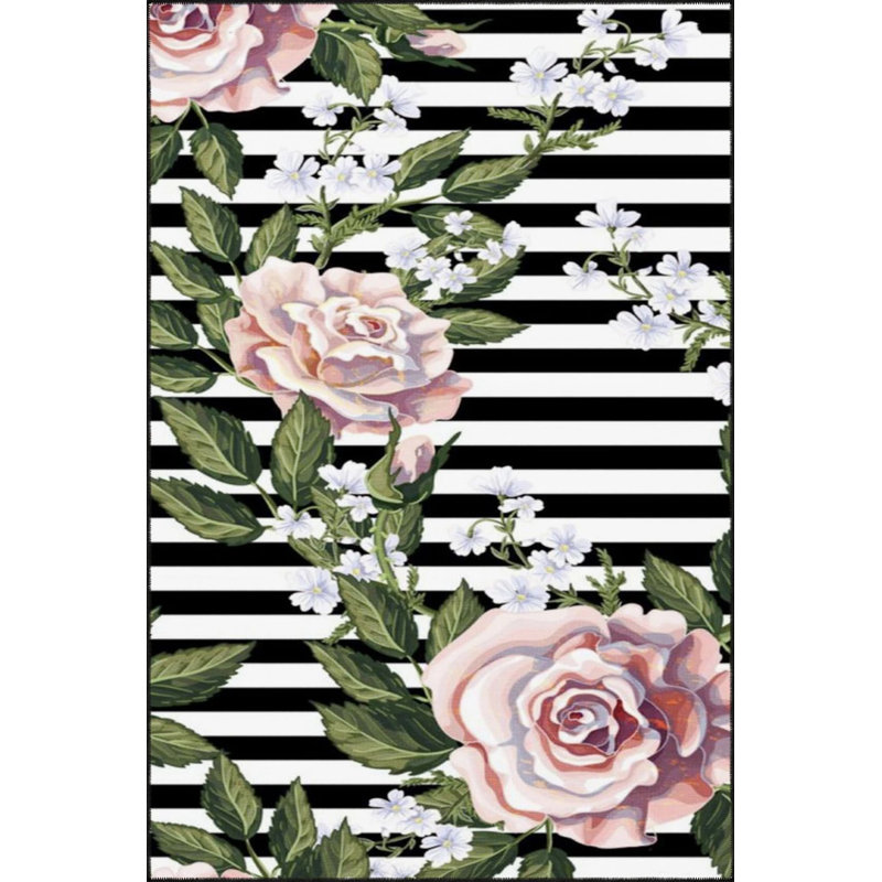 Tapis décoratif à rayures géométriques modernes à motif de roses et de feuilles, Rectangle 2 pi 4 po x 4 pi