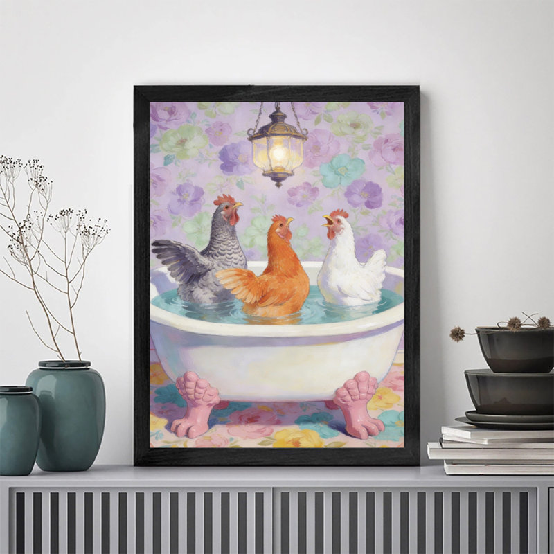 Reproduction d'art encadré noir avec poulets rétro qui trempent dans la baignoire, H 11 po x l 9 po