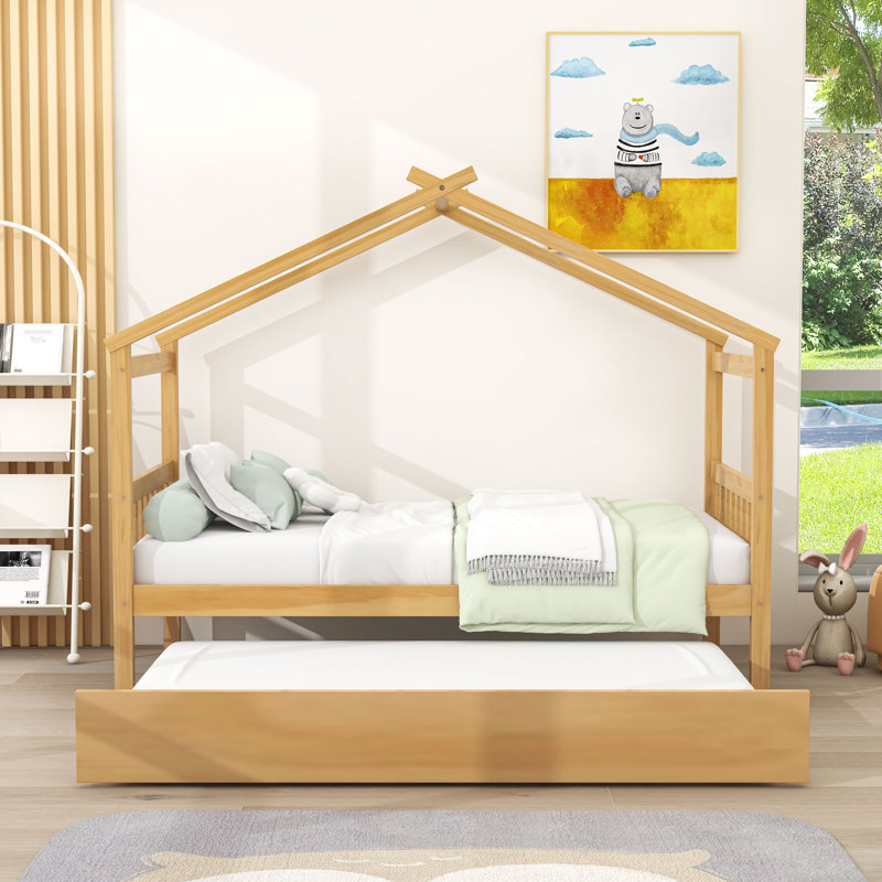Wood House Bed With Pull-Out Twin Trundle, Natural, Twin