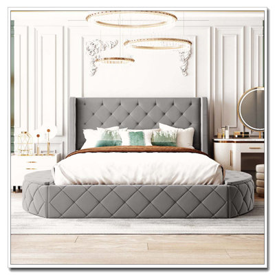 Grand lit plateforme avec rangement en velours avec tête de lit à oreilles et 1 grand tiroir, 2 tabourets de rangement latéraux