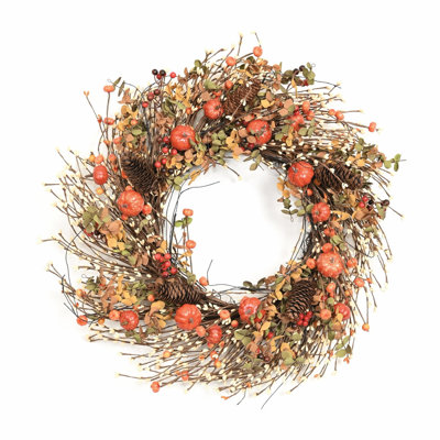 24" Artificial Rustic Twig Berry Pumpkins Pinecone Fall Harvest Front Door Wreath Halloween Thanksgiving Decor