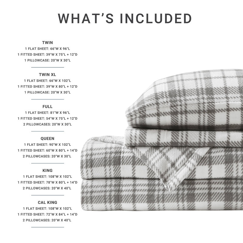 Micro Fleece Sheet Set, Queen Sheet Set with 2 Pillowcases, Gray Plaid